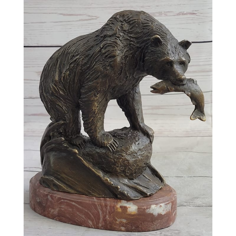 Bear With Fish In Mouth Bronze Metal Sculpture Statue Wildlife Decor Art Marble Base