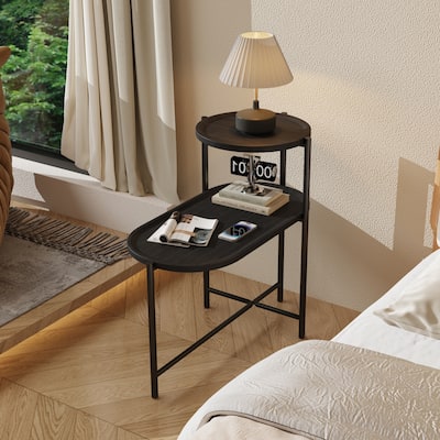 2 Tier Oval End Table Sofa Side Table Modern Home Storage Stand Wood Side Cabinet Narrow Side Coffee Table with Storage Tray
