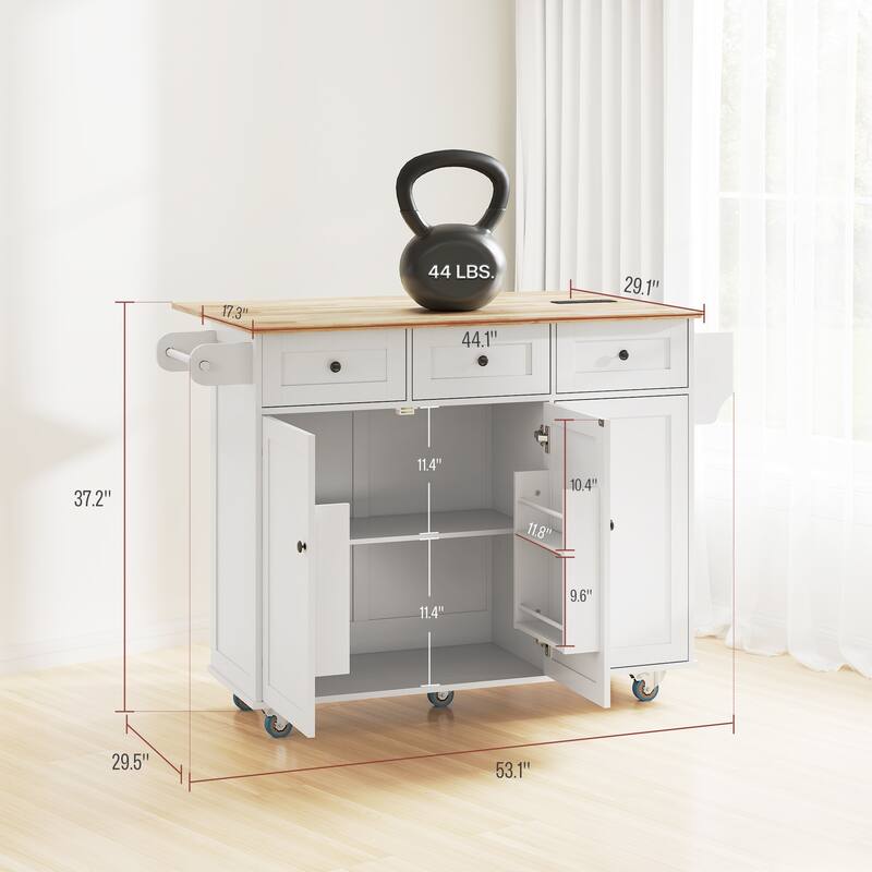 Kitchen Island Cart with Drop Leaf and Built-In Power Outlets Storage Drawers and Rolling Wheels - 53.1" W x 29.5" D x 37.2" H