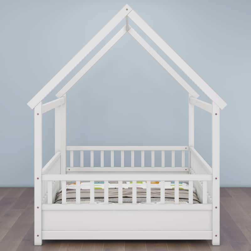Full Size Floor Wooden Bed with House Roof Frame