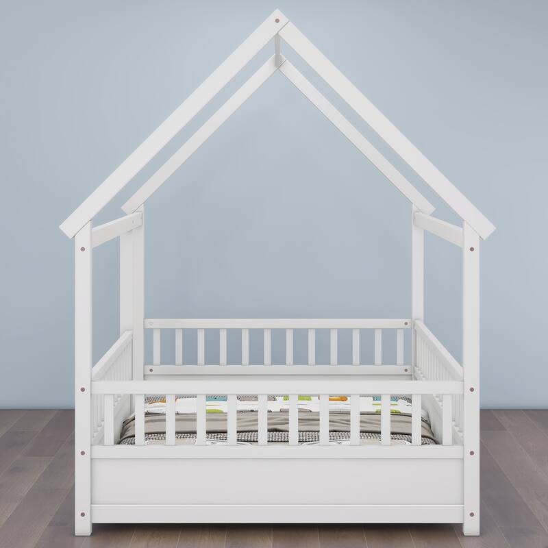 Kids Twin/Full House Bed with Roof Frame, Floor Bed with Fence Guardrails