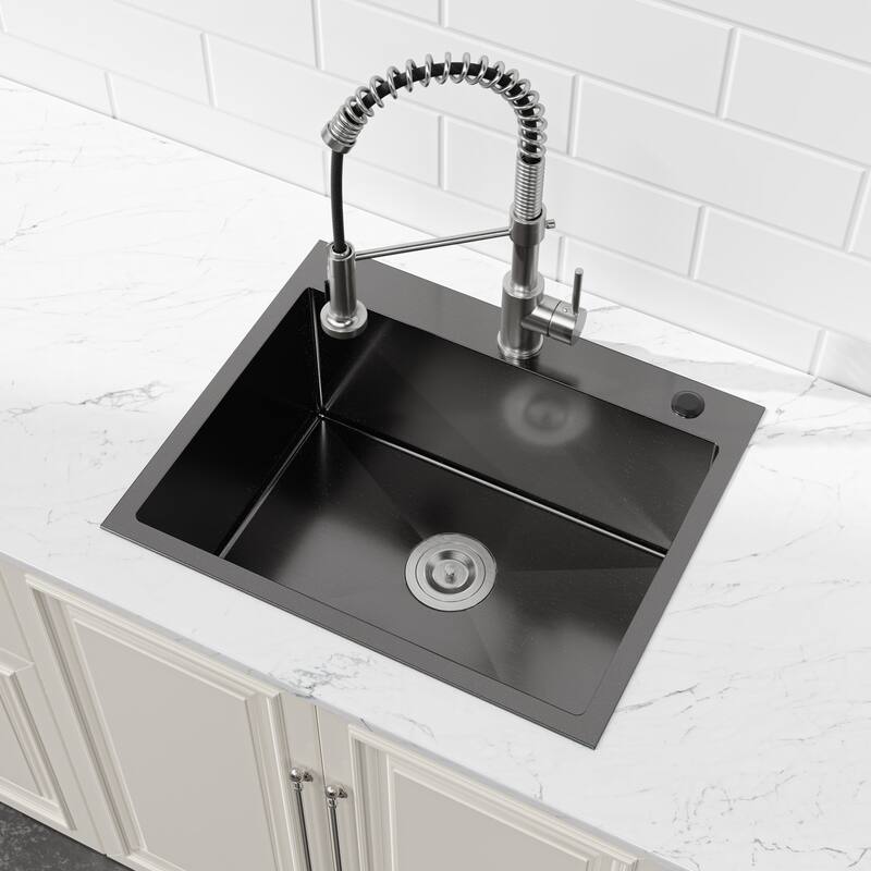 Cozy Stainless Steel Black Satin Countertop Kitchen Sink Rectangular 23x19x10 Lift-and-Turn Drain Modern Design - 23”x19”x10”