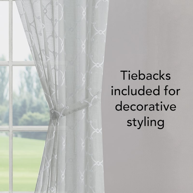 Creative Home Ideas Selena Embroidered Sheer Rod Pocket Window Curtain Panel Pair with Tiebacks