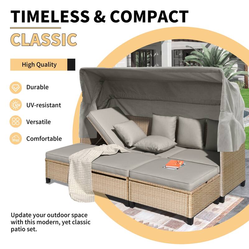 Roomfitters 4-Piece UV-Proof Wicker Patio Sofa Set with Retractable Canopy, Cushions and Lifting Table