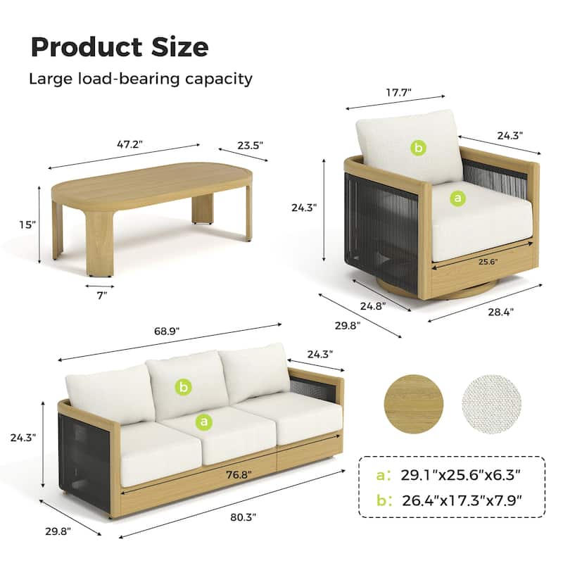 Overture 4-Piece Natural Wood Grain Aluminum Hand-Woven Rope Patio Conversation Set with Swivel Chairs, Cushions, Coffee Table
