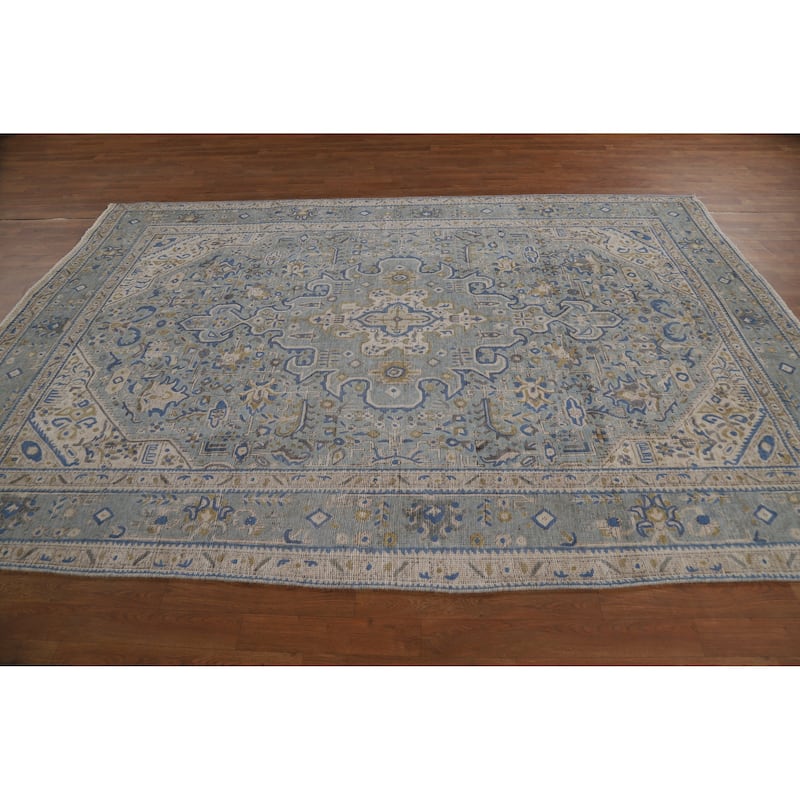 Traditional Blue Tabriz Persian Vintage Rug Hand-Knotted Wool Carpet - 6'6" x 9'6"