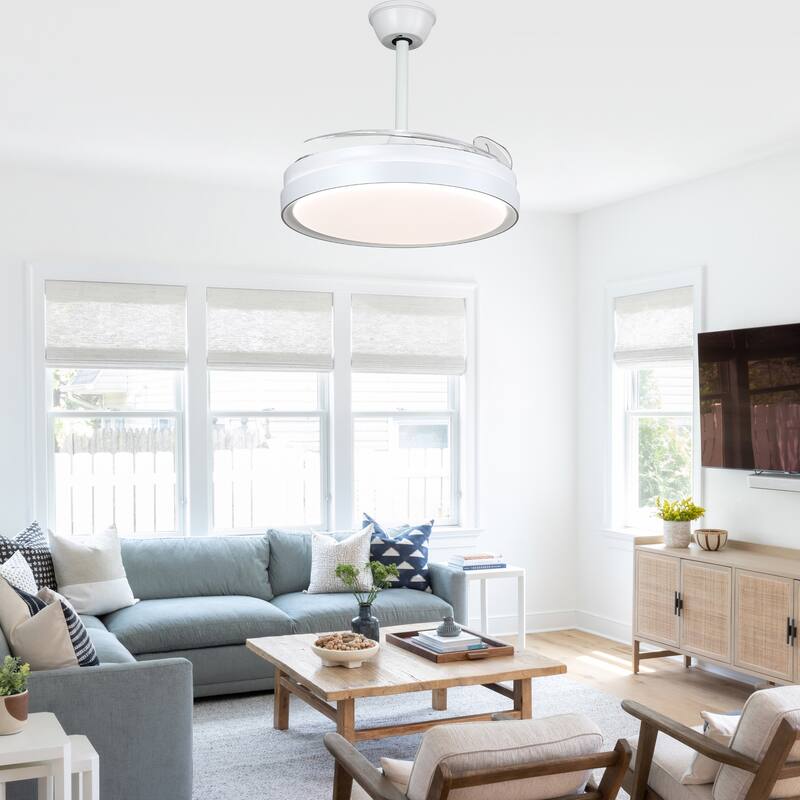 Cusp Barn 42 Inch Retractable Ceiling Fan with Lights, Modern Silent DC Motor 6 Speeds Chandelier Ceiling Fan for Bedroom