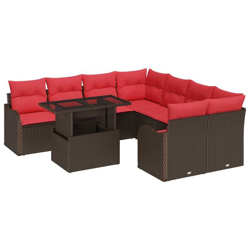 vidaXL 9 Garden Sofa Set with Cushions Black/Brown/Grey Poly Rattan - 91.5 x 92.1 x 27.2