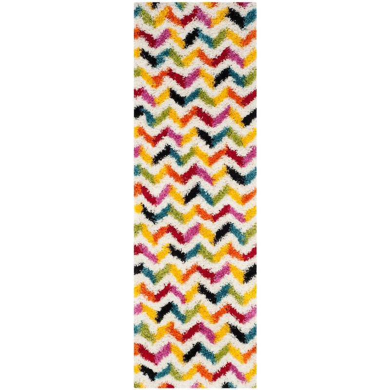 SAFAVIEH Kids Shag Veniamina Chevron Nursery Playroom 2-inch Thick Rug - 2'3" x 9' Runner - Ivory/Multi - Runner