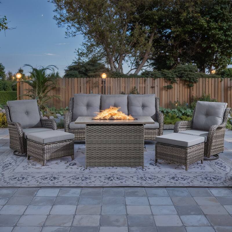 Patio Glider Chair Sofa with Fire Pit Table - Grey - Grey