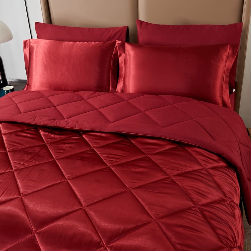 8 Piece Satin Silky Comforter Set Quilted Bedding Sets
