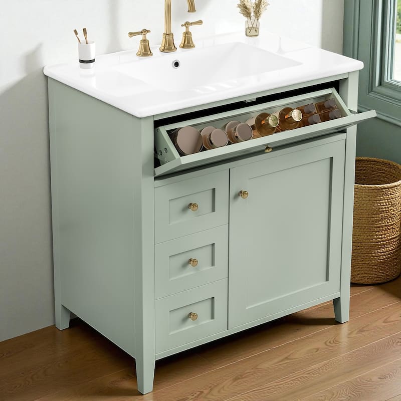 30-Inch Bathroom Vanity with Sink, MDF and Solid Wood Cabinet, 3 Drawers and Adjustable Shelf, Freestanding Design