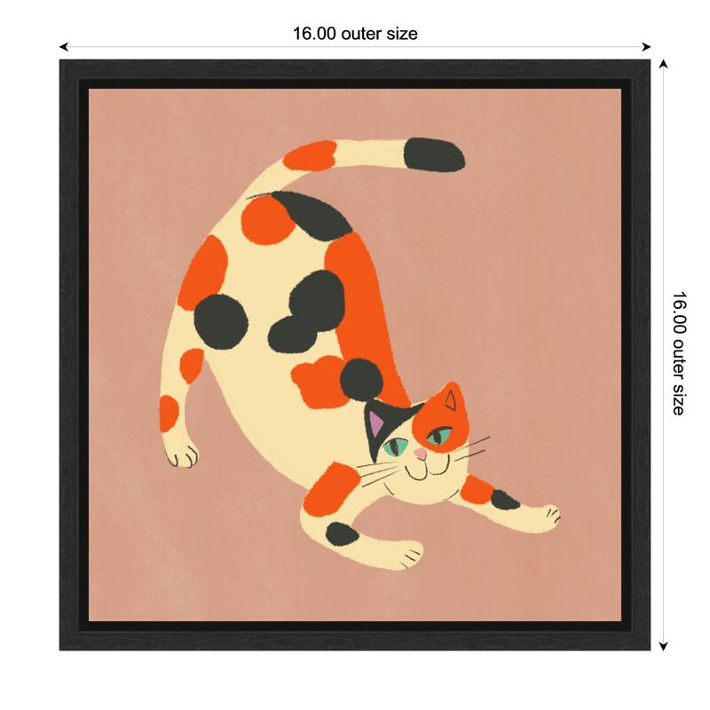 Playful Calico Cat by Little Dean Framed Canvas Wall Art - 16 x 16 in