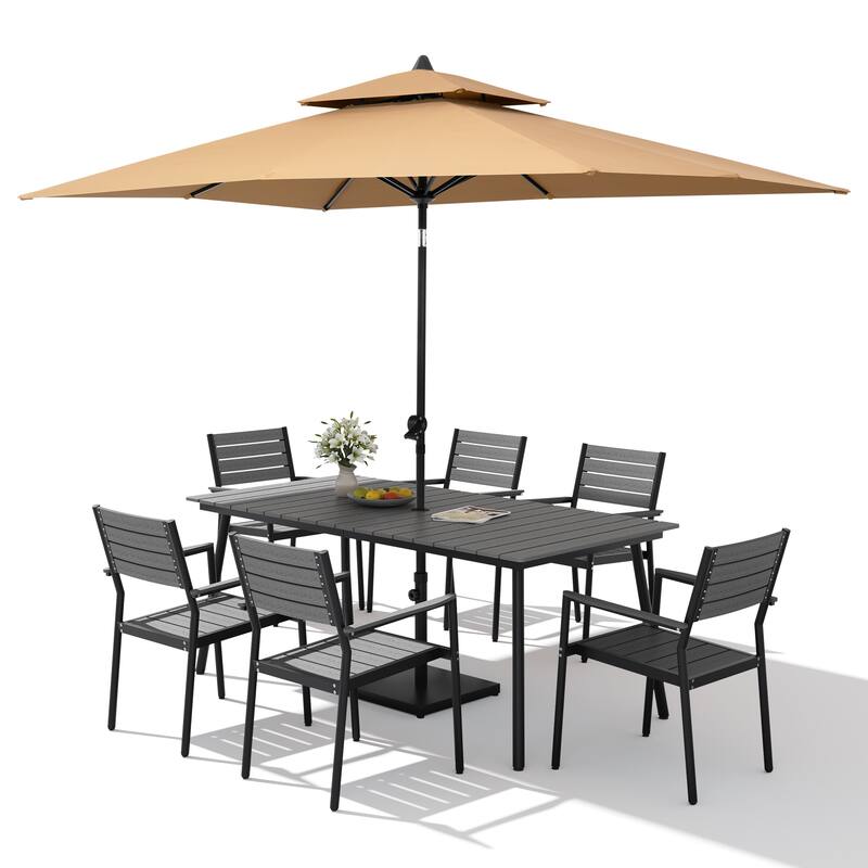 9PC Outdoor Patio Dining Set Wood-Like Aluminum Umbrella Hole Table with Stackable Armchairs,Double Top Market Umbrella and Base