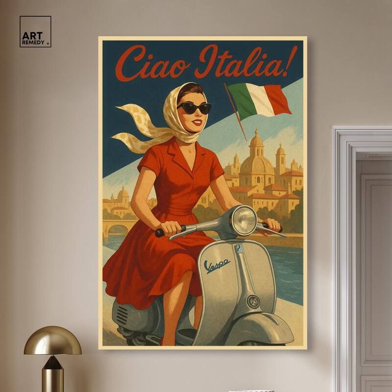 Scooter Italian Travel Canvas by Art Remedy, Gallery Wrapped