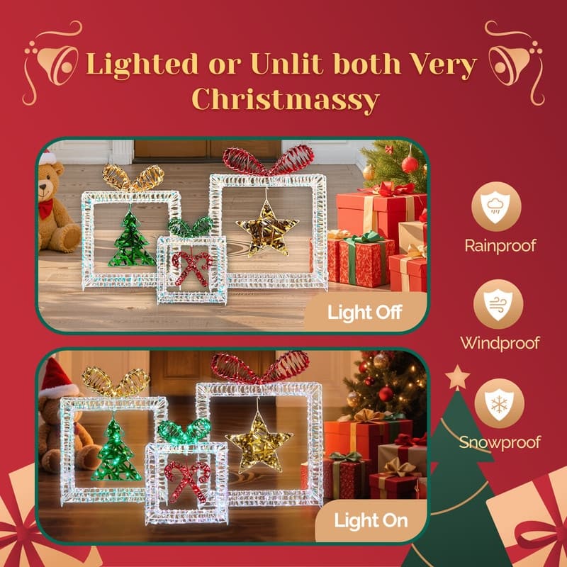 Set of 3 Lighted Iridescent Cut-out Gift Box Christmas Decorations, Pre-lit Holiday Decor for Xmas Decor Holiday Displays