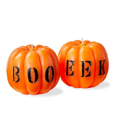 Boo Eek Pumpkin Candle - Sculpted Flame Candle for Halloween, Orange Paraffin Wax, 22hr Burn Time, 3.5" x 3.5" x 3"