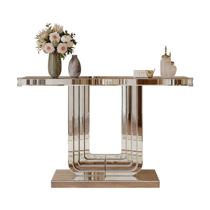 Roomfitters 47" Mirrored Console Table, Silver Entryway Table with U-Shaped Base & Hand-Spliced Line Design