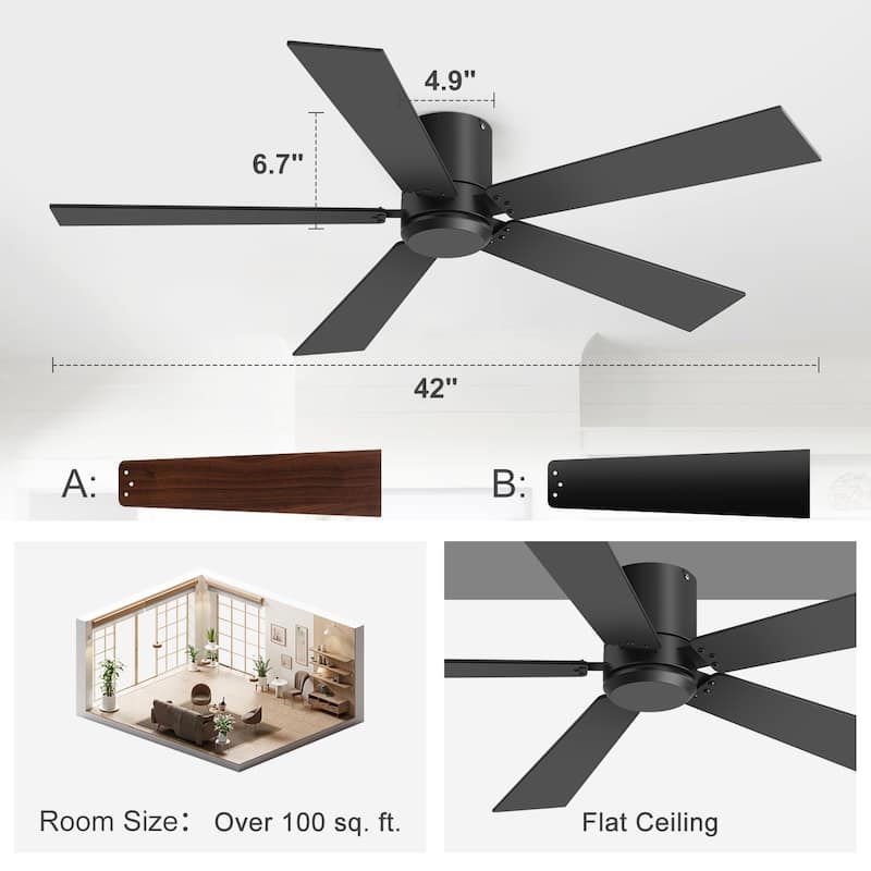 2 Set 42-inch Flush Mount Ceiling Fan No Light with Remote(5 Reversible Blades)