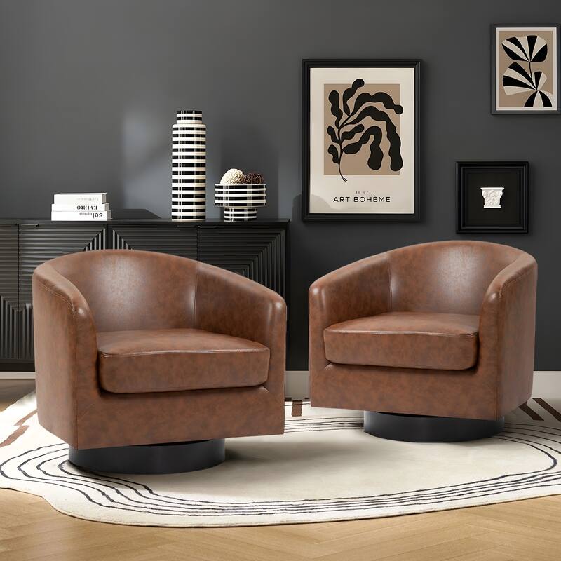 2 Set Modern Vegan Faux Leather Swivel Barrel Accent Chair