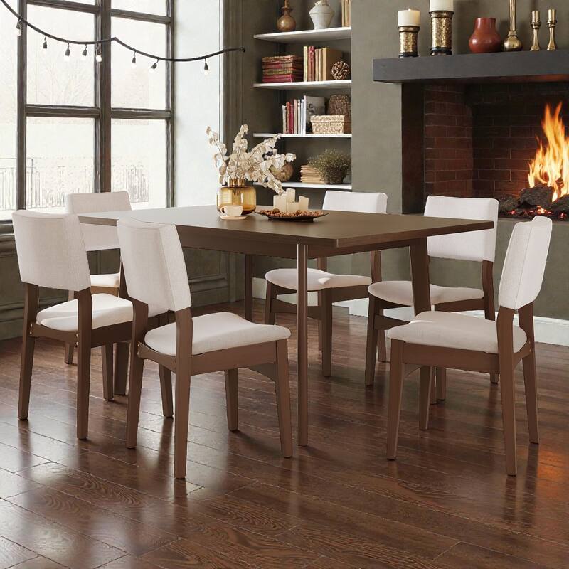 7-Piece Modern Dining Set with Solid Wood Table and Beige Upholstered Linen Chairs, Space-Saving Stackable Design