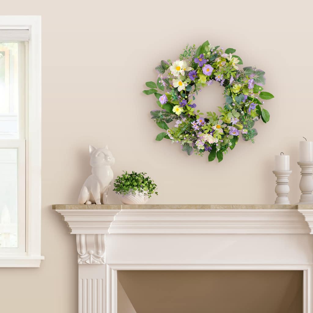 Daisy Floral Artificial Spring Wreath - 24" - Green and Purple