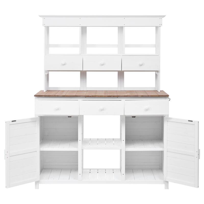 Garden Potting Bench Table with Hutch,Patio Storage Workstation with 3 Shelves,6 Drawers,2 Bottom Cabinets&Side Hooks