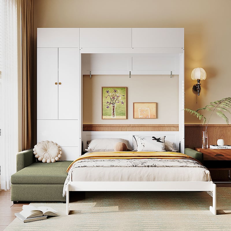 Queen Size Storage Murphy Bed Cabinet with L Shaped Sofa, Solid Wood Wall Murphy Bed Frame, No Box Spring Needed