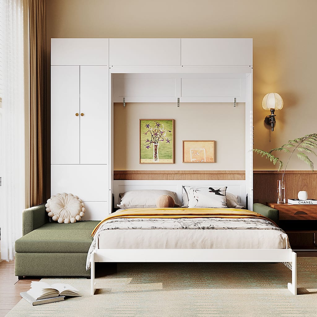 Queen Size Wall Bed with Sofa and Shelves, Space-Saving Design, White Panel, Green Sofa