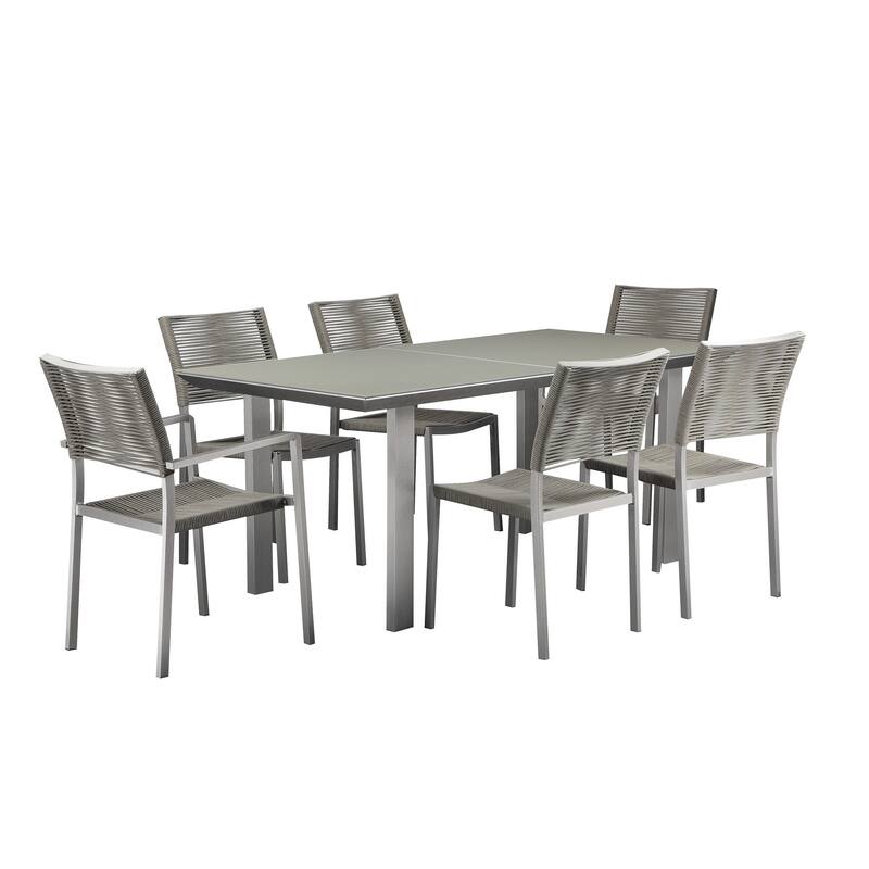 Kylo 7 Piece Dining Table Set, Aluminum, Gray Rope Weave Backrest and Seat - Grey - Aluminum