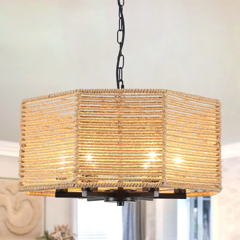 18.89-inch Bohemian-style 6-light octagonal metal chandelier with twine lampshades and adjustable height - Black and Brown