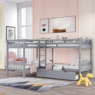 L-Shaped Twin Bunk Bed with Drawers, Pine Frame, No Box Spring Needed