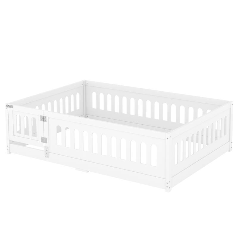 White Bed Frame Montessori Bed Twin Size Toddler Floor Bed with Guardrails and Door for Children Boys Girls Kids Playroom