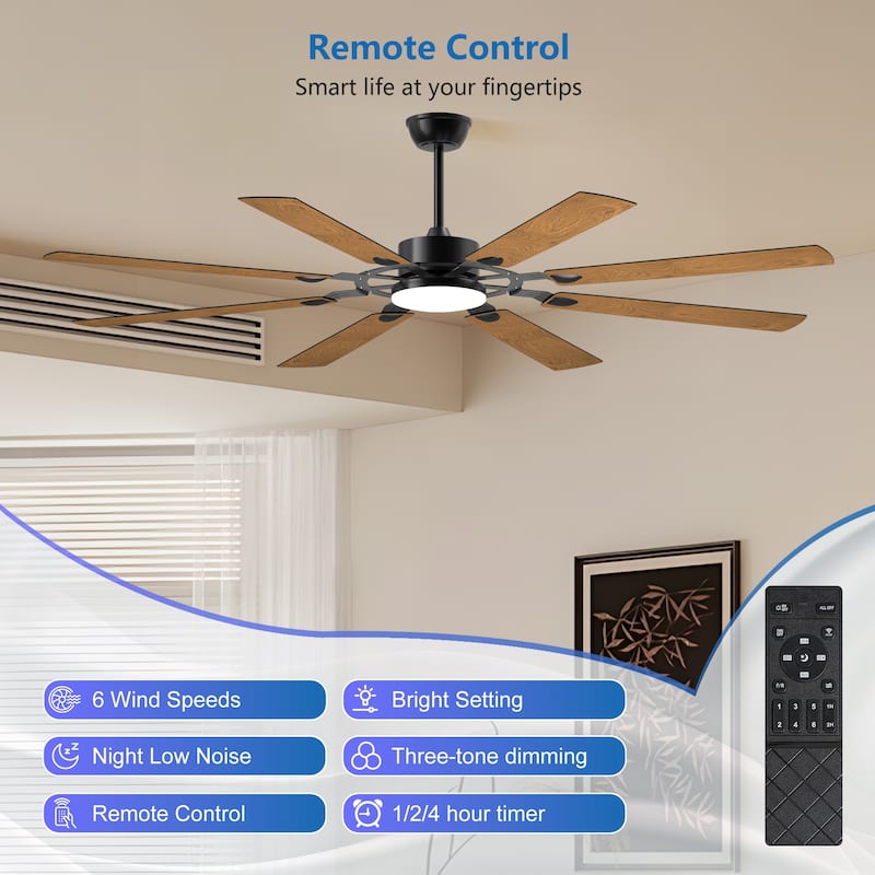 72-Inch 8-Blade Large Ceiling Fan,Reversible Quiet DC Motor,Indoor/Outdoor Modern Ceiling Fan - Black
