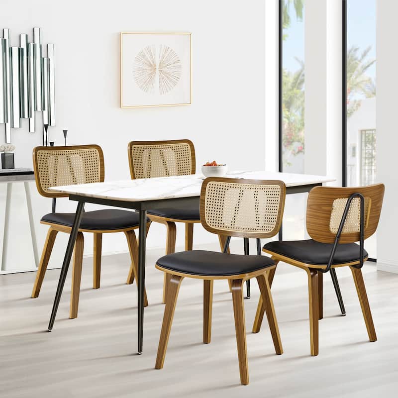 Faux Leather Upholstered Dining Chairs Set of 2/4 with Wood Legs - 32.3"H x 18.5"W x 21.8"D - Set of 4 - Black-Rattan back