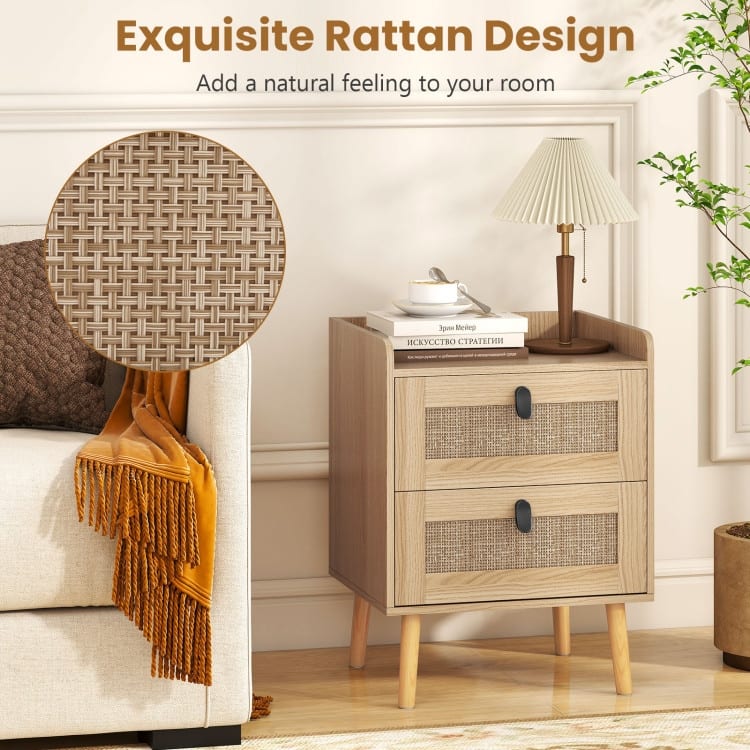 Modern End Table with Wide Top and 2 Rattan Storage Drawers - 17.5" x 15.5" x 22.5"