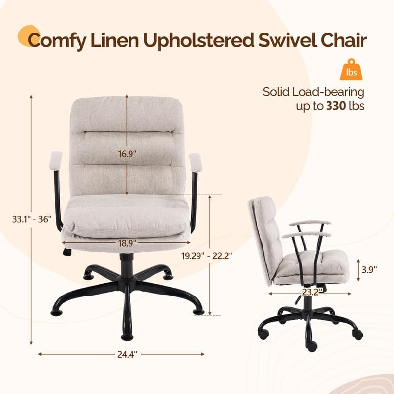 24.4 Inch Upholstered Swivel Office Chair With Leg Pegs And Wheels