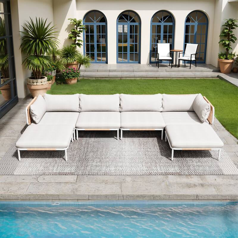 Pellebant Outdoor Sectional Sofa Patio Conversation Seating Set - Set of 6 - Beige - 6PC with 6 Armrest