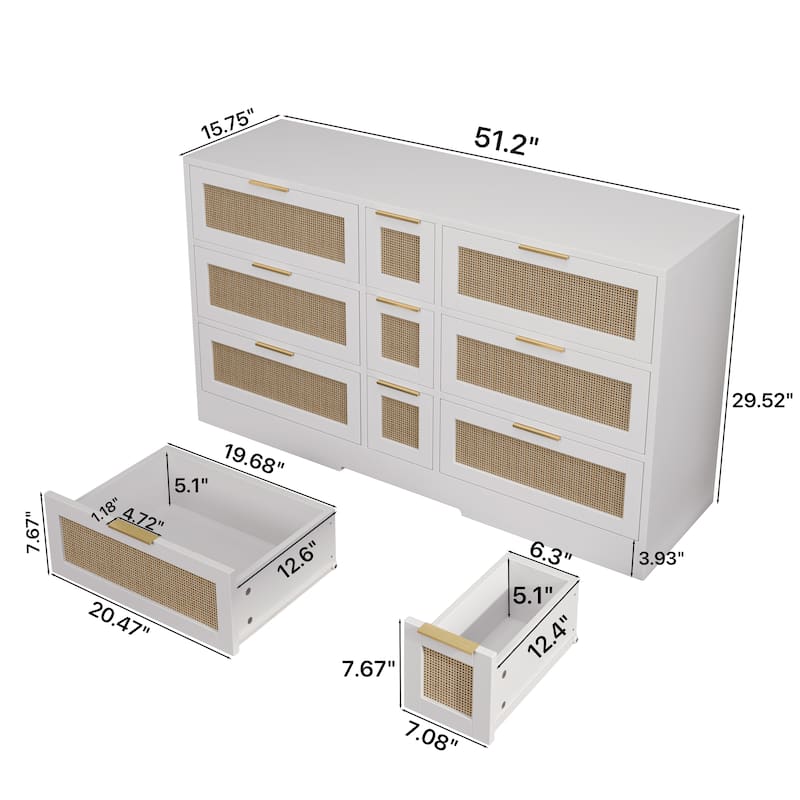 Boho Rattan Dresser Chest of Drawers, 9 Drawers Storage Cabinet Accent Chest Console Table for Living Room Bedroom