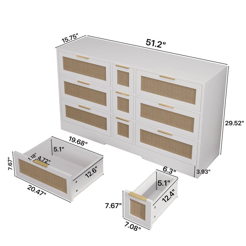 White Chest of Drawers 9-Drawer Rattan Storage Cabinet Sideboard