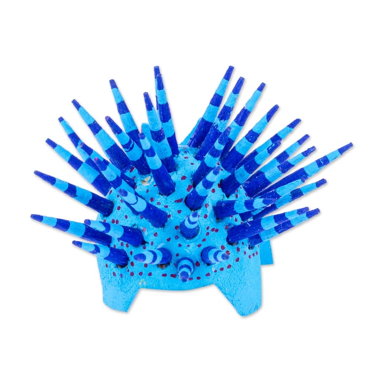 Novica Handmade Cute Porcupine In Sky Blue Wood Alebrije Figurine