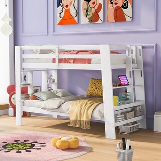 White Twin over Twin Bunk Bed with Built-in Ladder, and Ample Storage Shelves, Pine Wood Frame