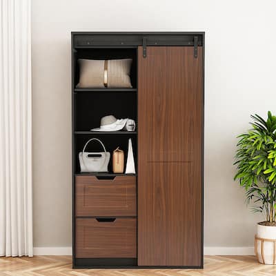 71-inch High Wooden Sliding Barn Door Wardrobe Clothes Locker