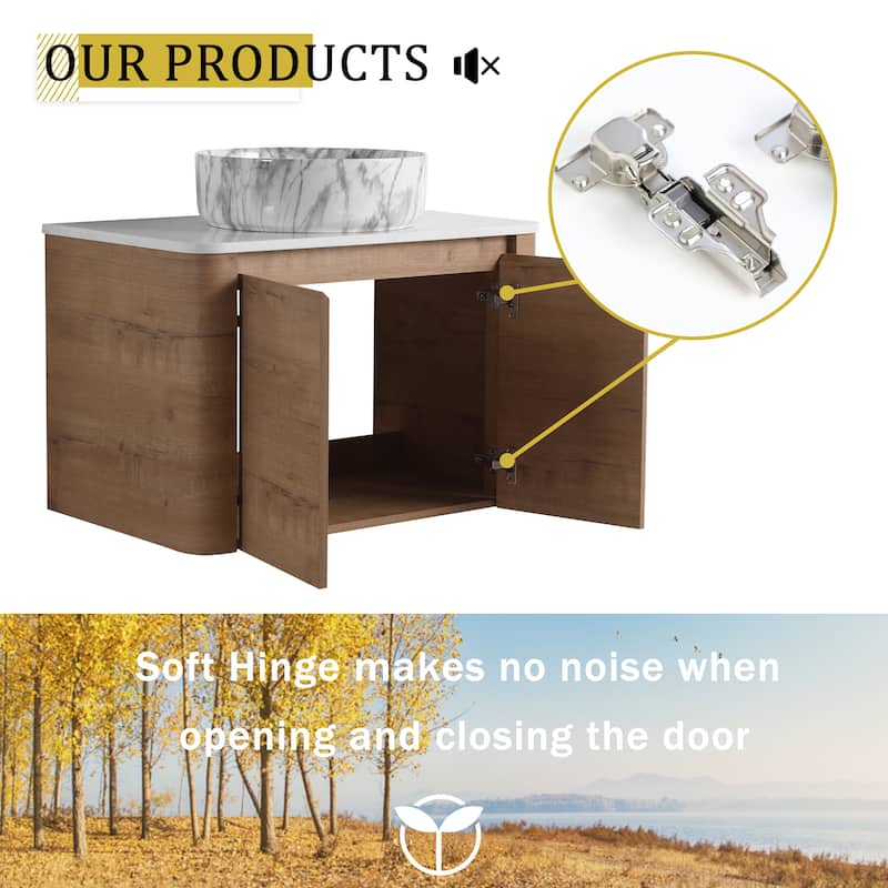 30'' Wall-Mounted Bathroom Vanity With Ceramic Art Sink & 2-Soft-Close Door, KD-Packing, Plywood