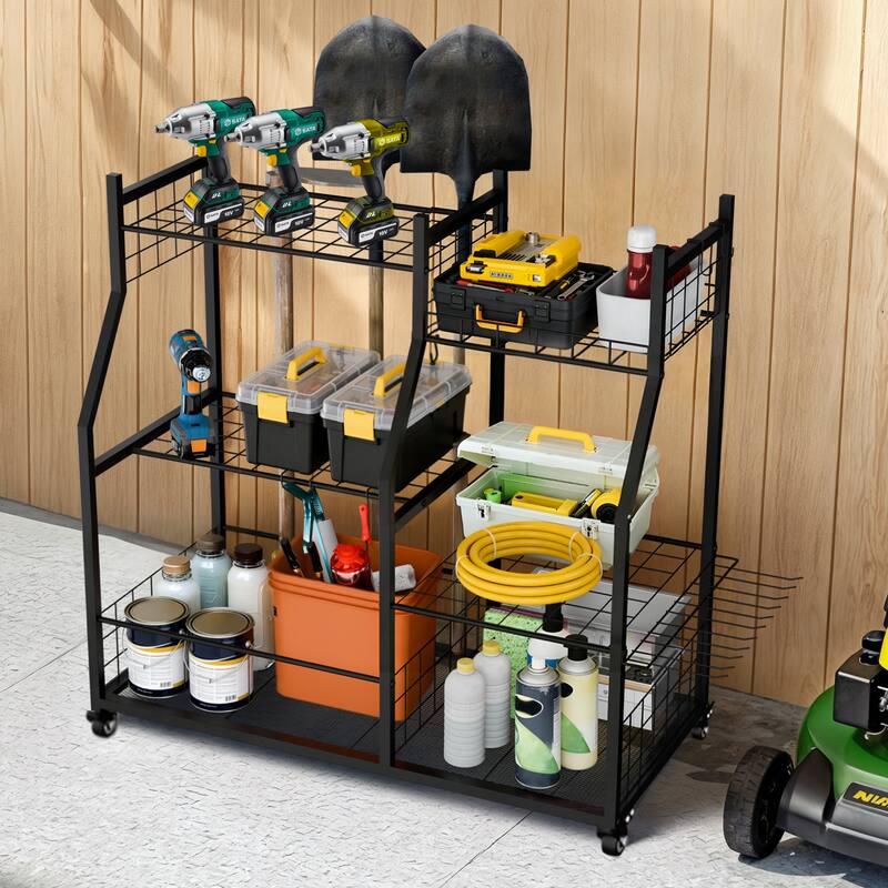 Freestanding Metal Tools Storage Cart Power Tool Organizer Shelf for Garage Workshop Yard with Wheels