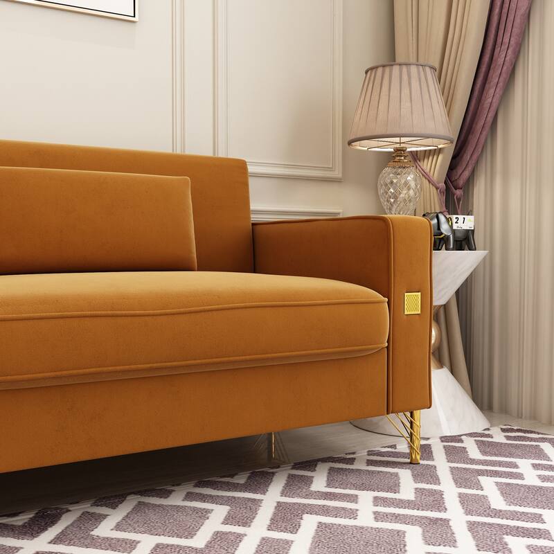 86-inch 2-seat Velvet Square Arm Upholstered Sofa with Two Waist Pillows