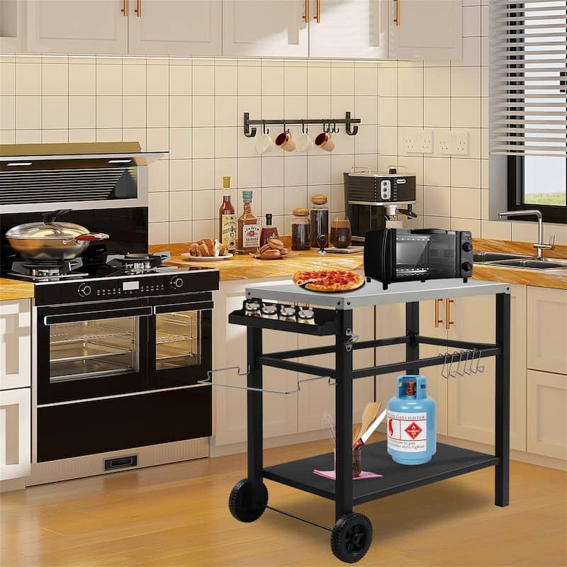 Grill Cart with Wheels Portable Outdoor Grilling Tabletop Prep Station - Black