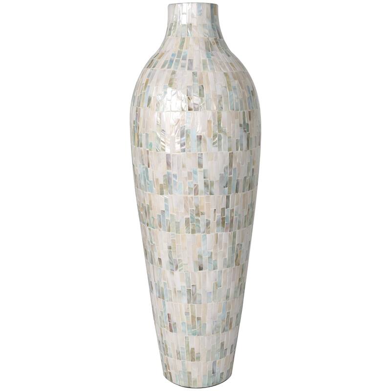 Mother of Pearl Shell Handmade Mosaic Inspired Decorative Vase with Pastel Blue and Pink Accents - White - Roche River Decor