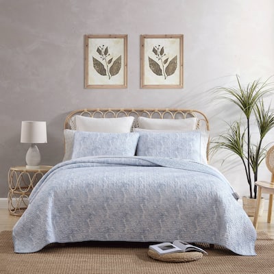 Tommy Bahama Distressed Water Leaves Blue Cotton Reversible Quilt Set