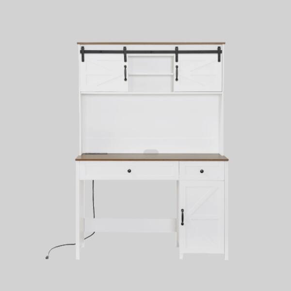 slide 2 of 7, Wood Home Office Desk with File Drawer, Charging Station, and Hutch, 47" Farmhouse Executive Desk White